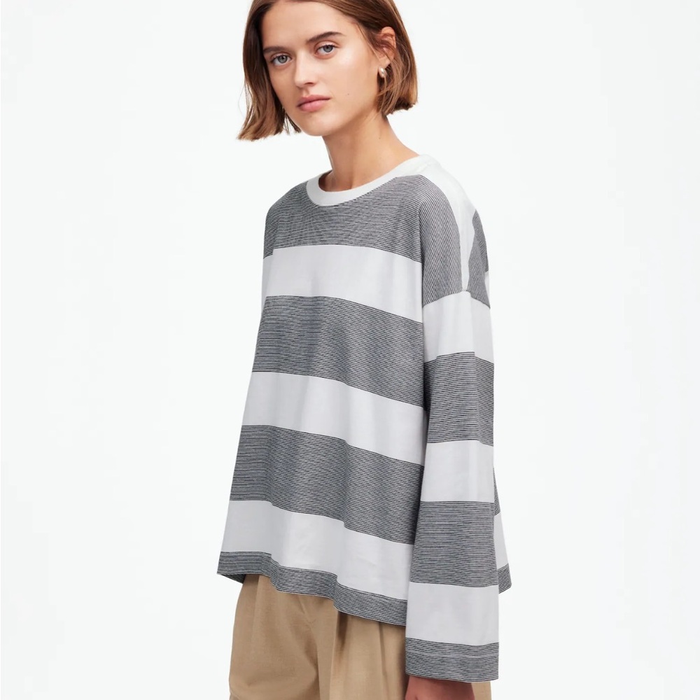 Madewell Gray and White Striped Long Sleeve Tee